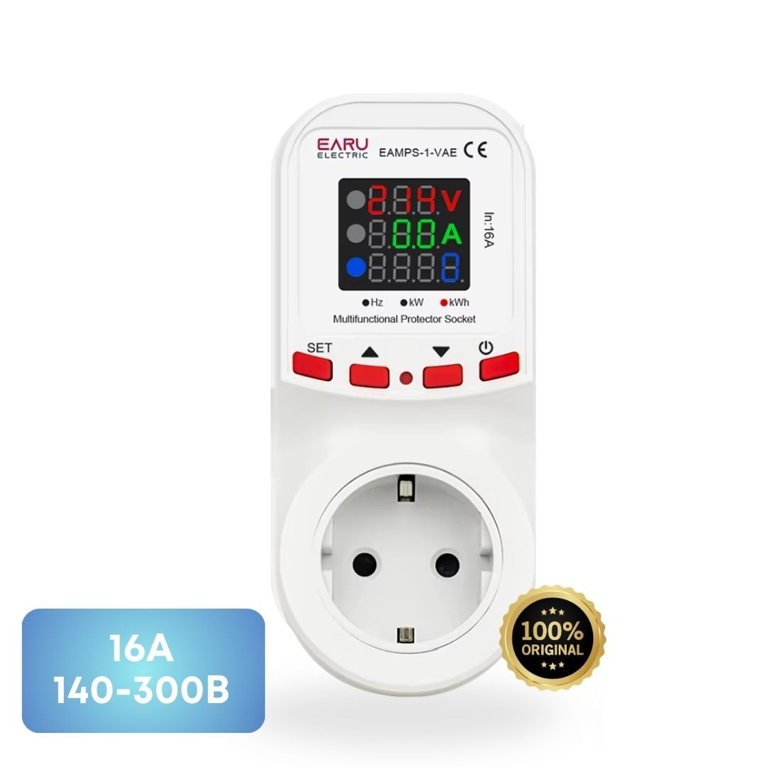 Регульоване захисне реле в розетку EARU EAMPS-1-VAE 16A 140–300В відсікач напруги з дисплеєм