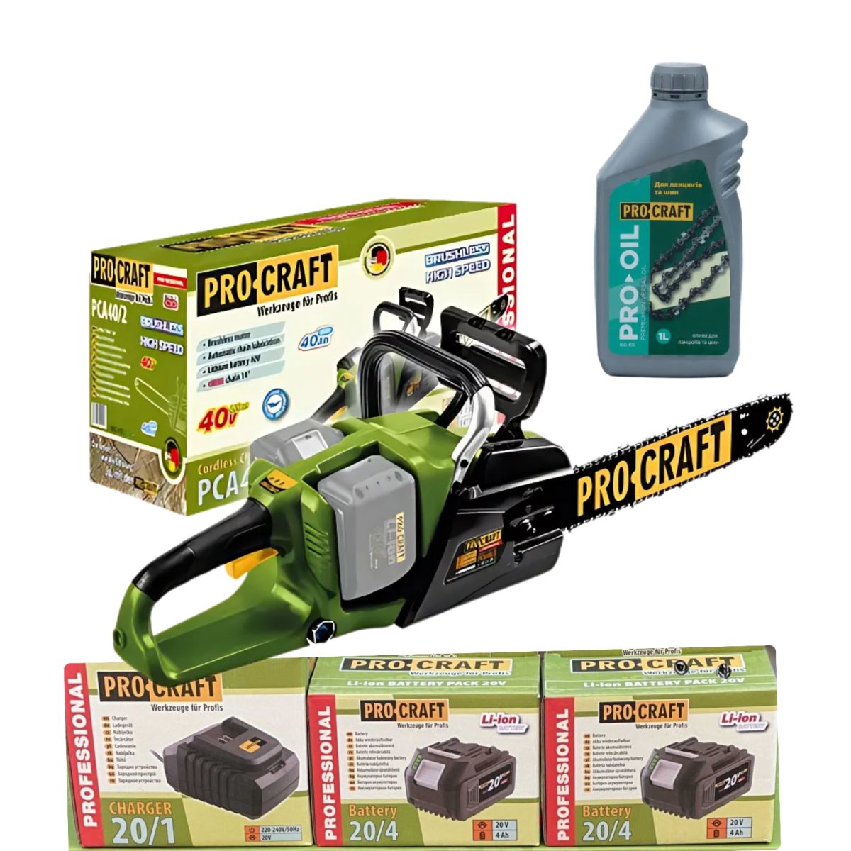 Набір ProCraft Пила ланцюг.PCA-40/4/2(б/акб,зар.пристр)/Бат.20/4-2шт./Зар.пристр.20/2/Олив.ланцюг 1л