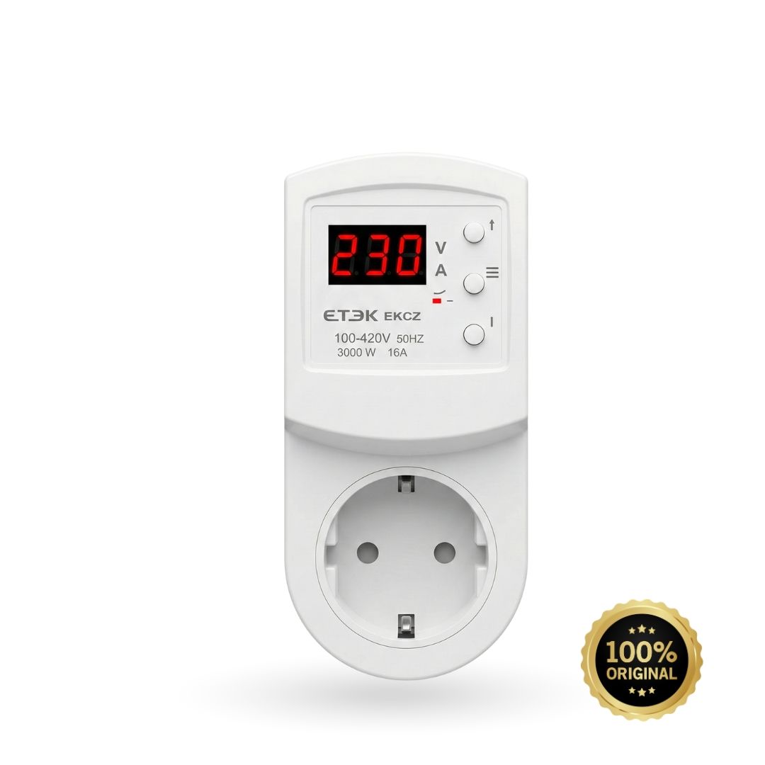 Регульоване захисне реле в розетку ETEK EKCZ 16A 140–300В відсікач напруги з дисплеєм