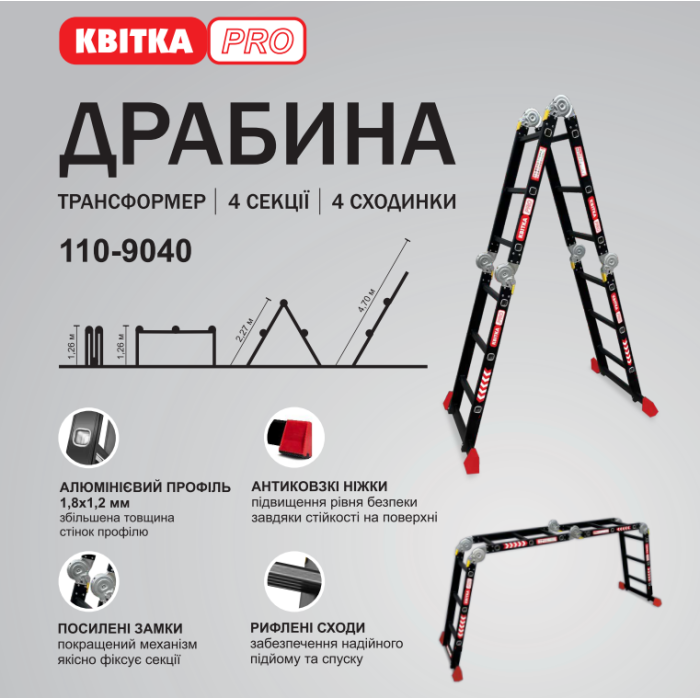 Драбина-трансформер алюмінієва Квітка PRO HD BLACK (4х4 сходинки) (110-9040)