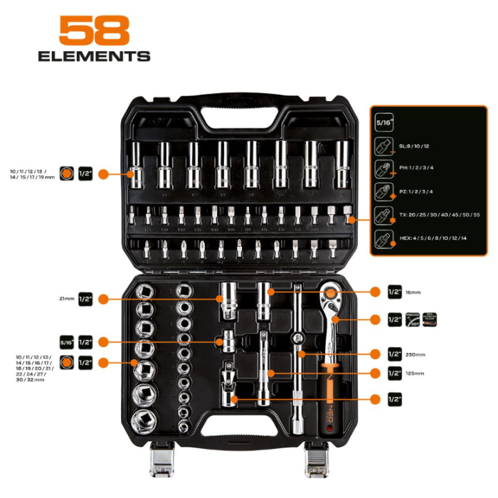 Набір змінних головок NEO Tools (1/2, 58 шт.) (10-042)