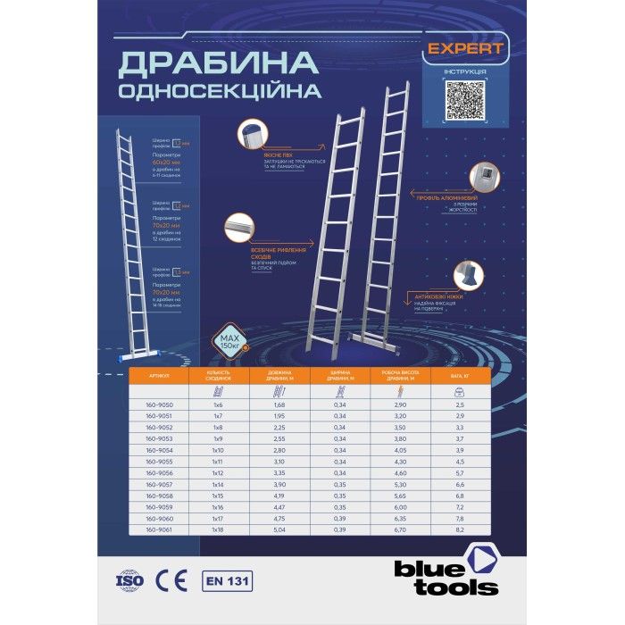 Драбина опорна односекційна BLUETOOLS Expert (10 сходинок) (160-9054)