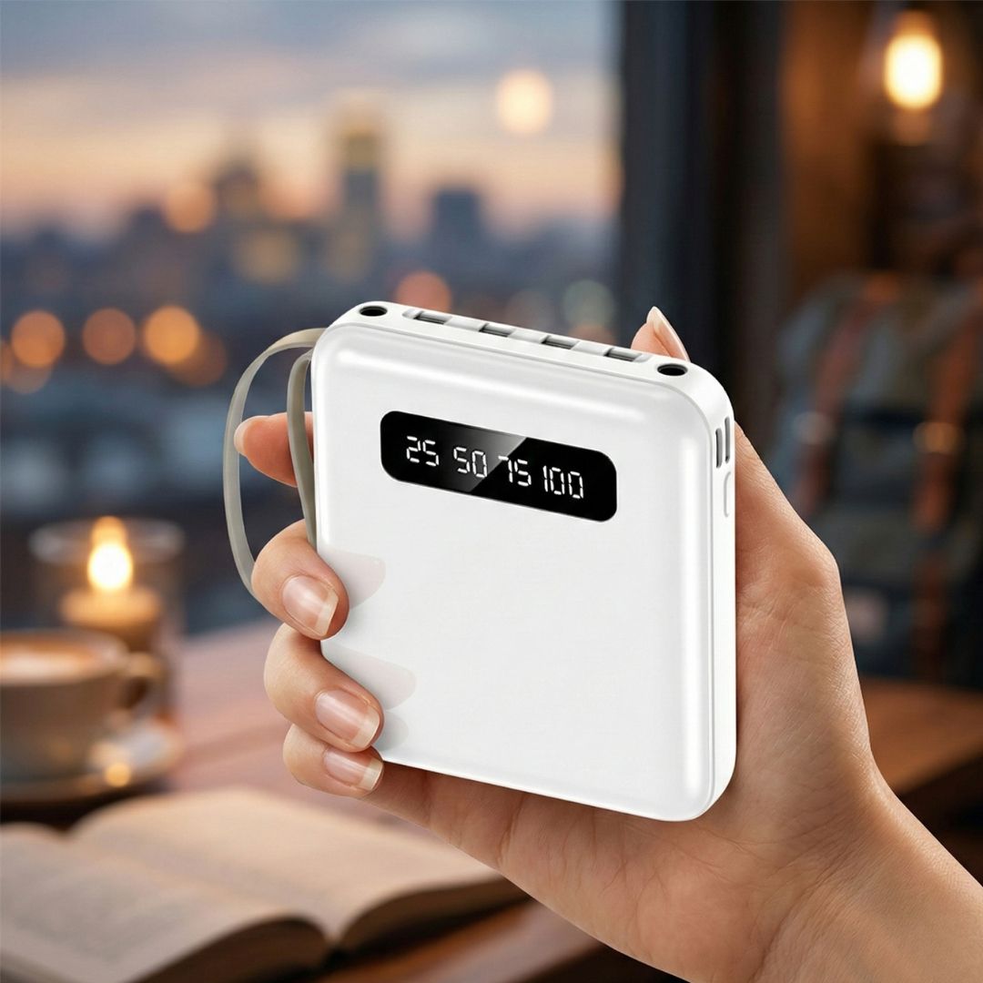 Портативний акумулятор із вбудованим кабелем, білий, 8000 мАг