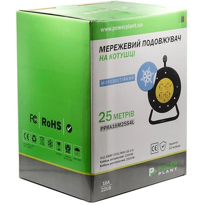 Морозостійкий подовжувач на котушці PowerPlant (-20°С, 25 м, 4 розетки) (PPRA16M25S4L)