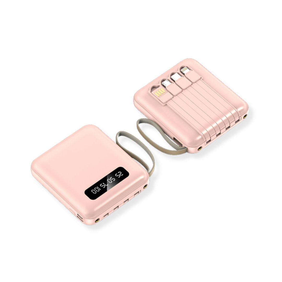 Портативний Power Bank 8000 мАг з вбудованим кабелем, рожевий