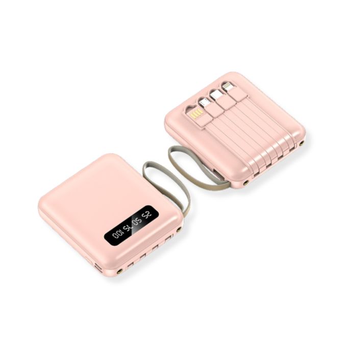 Портативний Power Bank 8000 мАг з вбудованим кабелем, рожевий