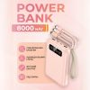 Портативний Power Bank 8000 мАг з вбудованим кабелем, рожевий
