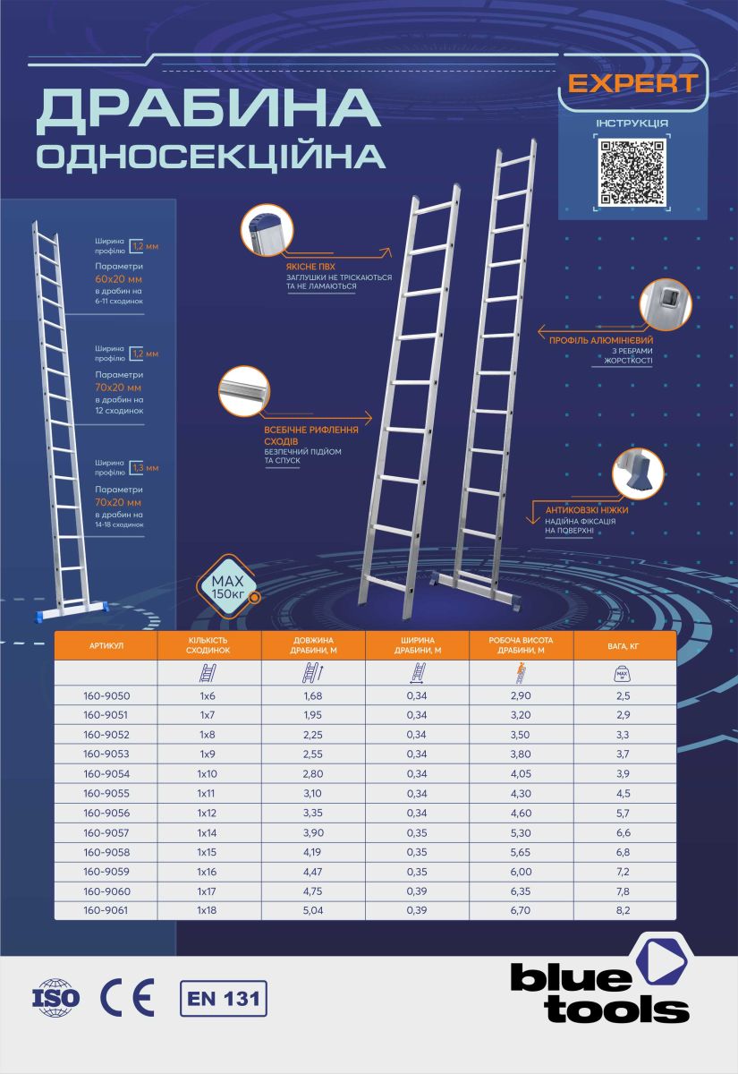 Лестница опорная односекционная BLUETOOLS Expert (6 ступеней) (160-9050)
