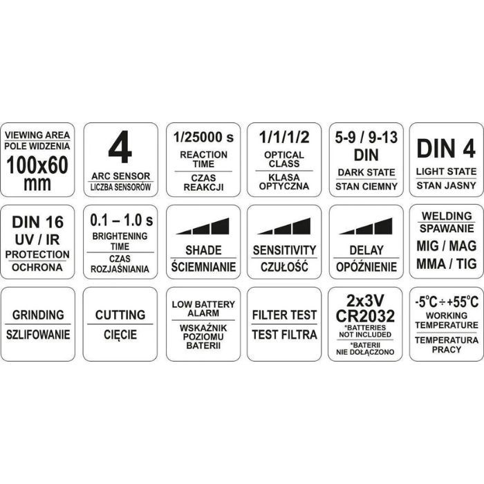 Маска зварювальника з автозатемлювальним світлофільтром YATO 100Х60 мм