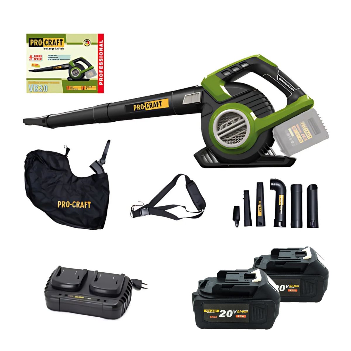 Набір Акумуляторний пилосос-повітродувка Procraft VB20(б/акб і зп)+/Батарея 20/8-2шт./З/пр.20/1-2шт