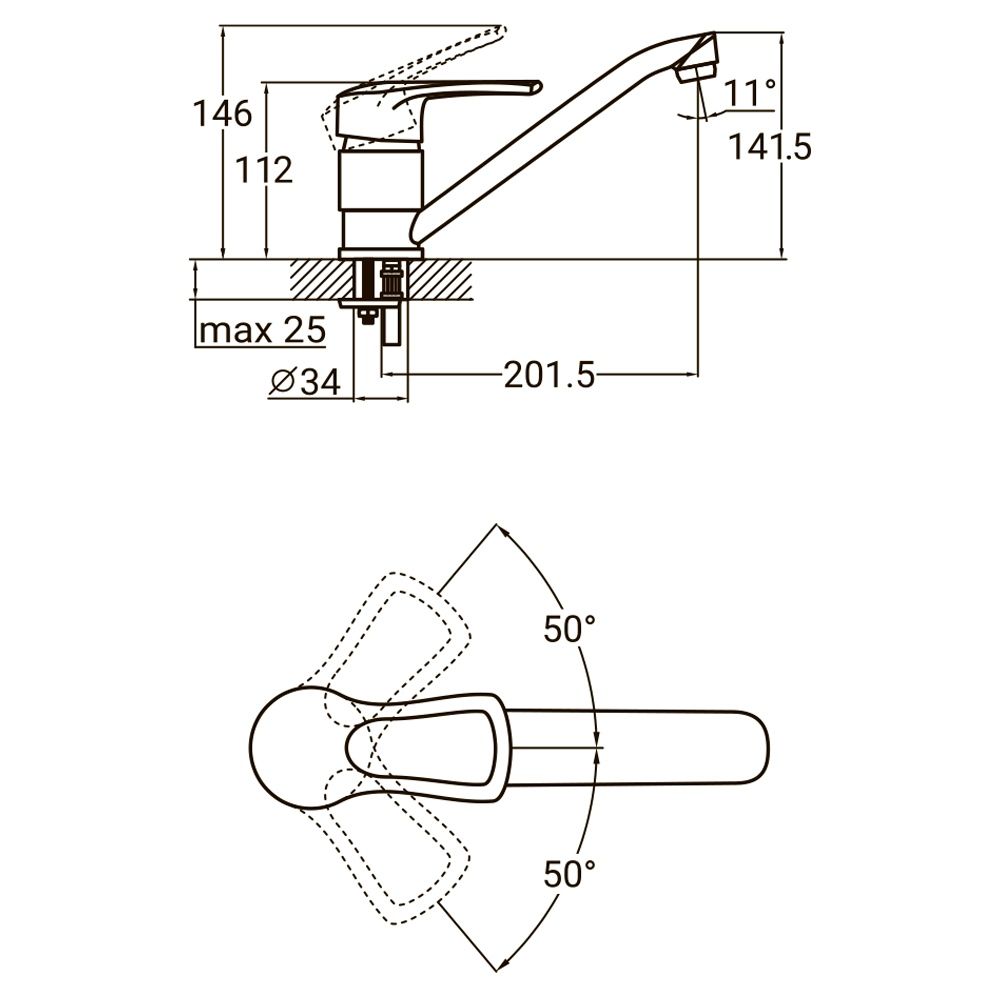 Змішувач MD Ø40 для кухні гусак прямий 250мм на шпильці AQUATICA MD-2B244C