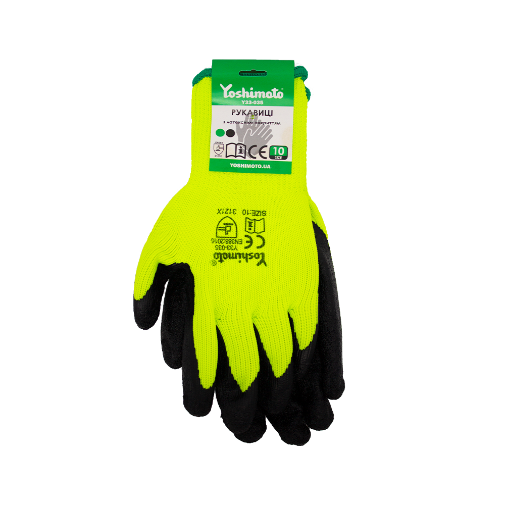 Рукавички Yoshimoto трикотажні зелені з чорним латексним покриттям, р.10 з етикеткою