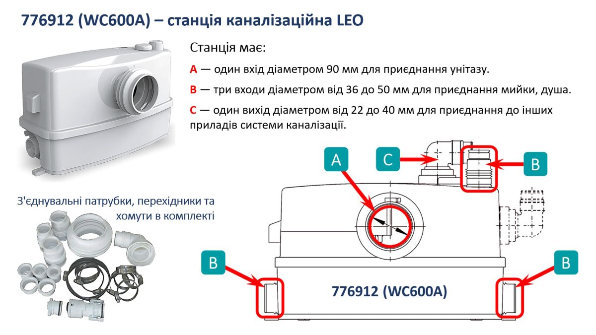 Станция канализационная 0.6кВт Hmax 8.5м Qmax 110л/мин LEO 3.0 WC-600A (776912)