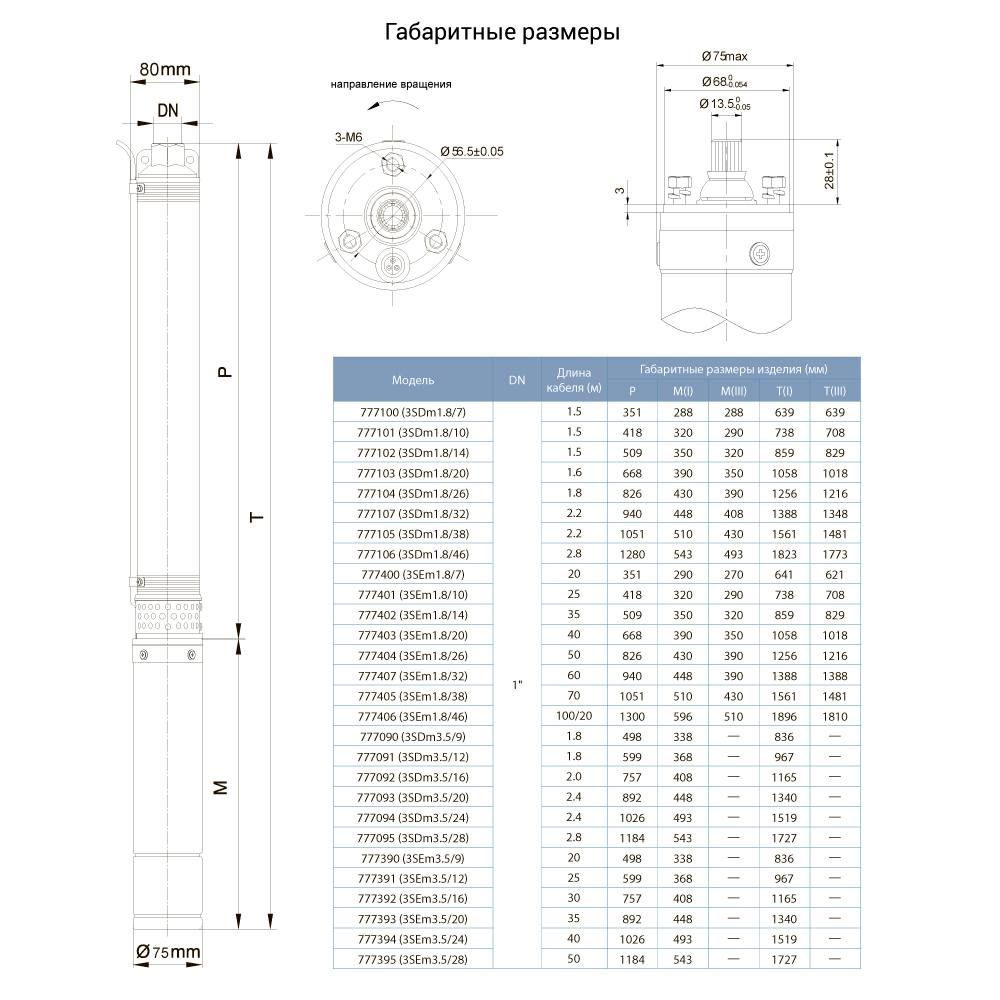 Насос центробежный скважинный 1.1кВт H 77(57)м Q 90(60)л/мин Ø80мм DONGYIN 3SDm3.5/20 (777093)