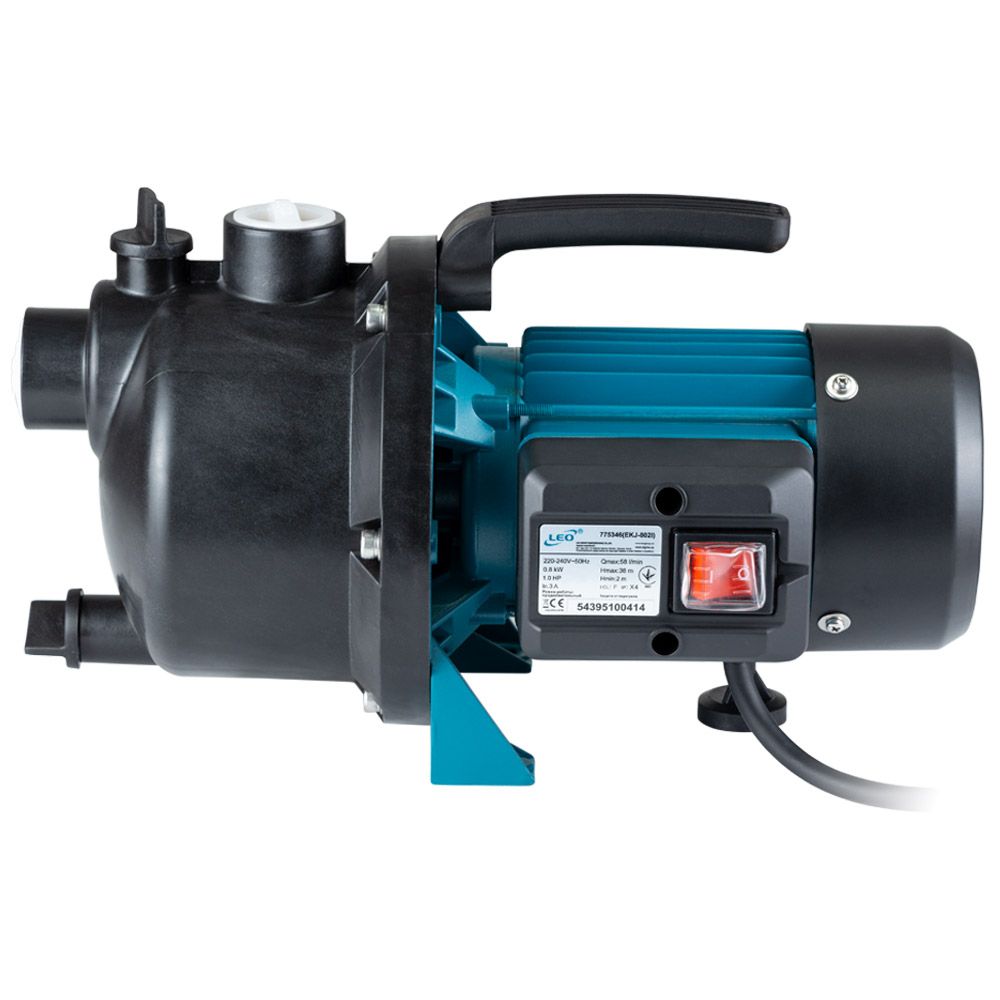 Насос центробежный самовсасывающий 0.8кВт Hmax 38м Qmax 58л/мин пластик LEO EKJ-802P (775307)