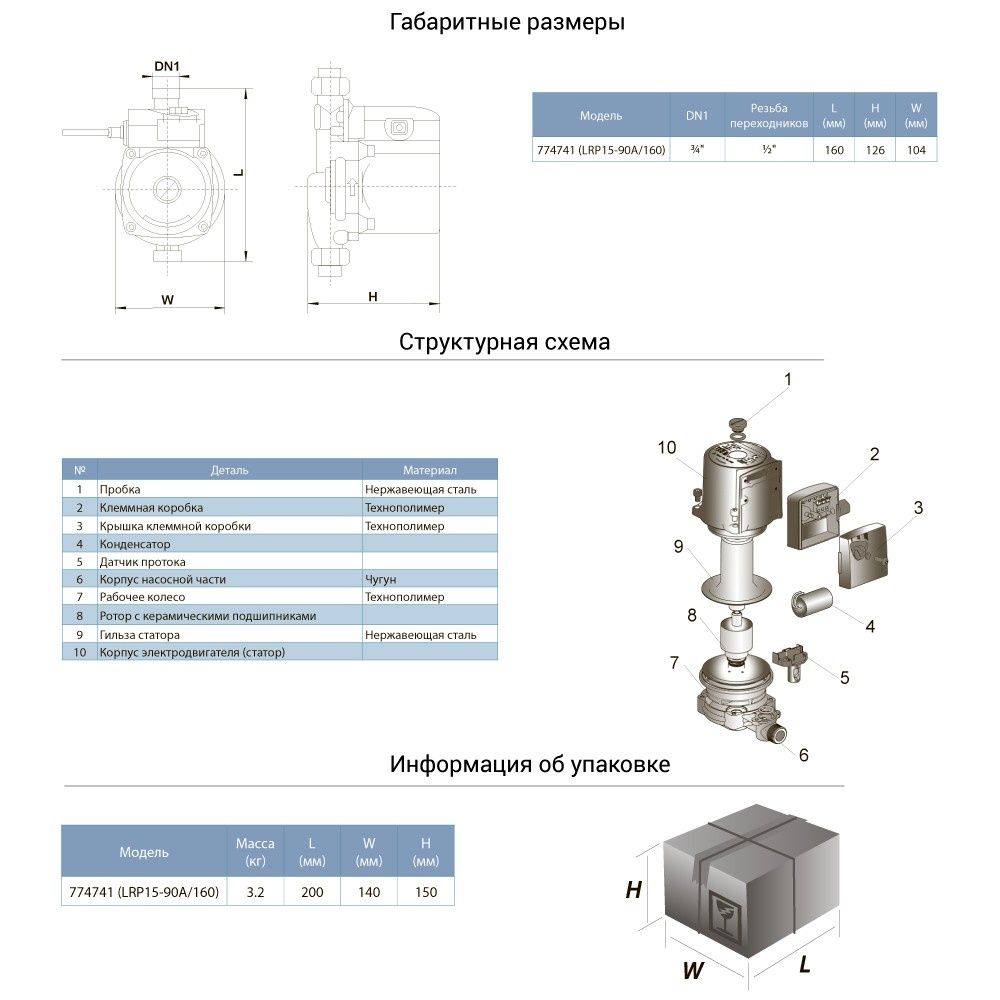 Насос для повышения давления 123Вт Hmax 9м Qmax 25л/мин Ø¾" 160мм+гайки Ø½" LEO 3.0 LRP15-90A/160 