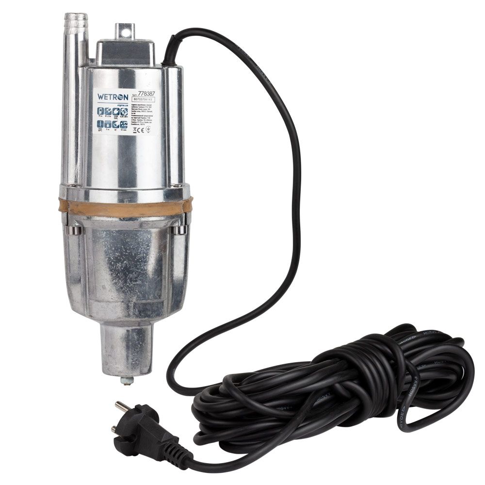 Насос вибрационный 0.25кВт H 75м Q 18л/мин Ø100мм 10м кабеля нижний вход WETRON WVM60-1 (778387)