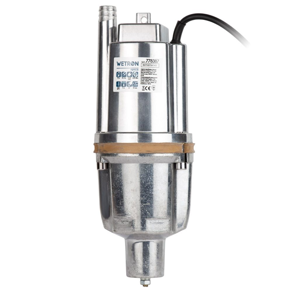 Насос вибрационный 0.25кВт H 75м Q 18л/мин Ø100мм 10м кабеля нижний вход WETRON WVM60-1 (778387)