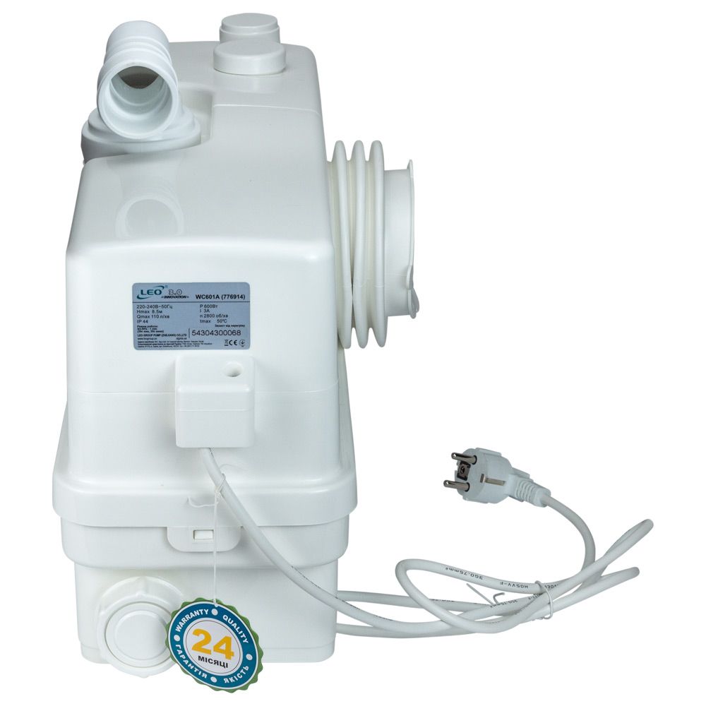 Станція каналізаційна 0.6кВт Hmax 8.5м Qmax 110л/хв 3 входу + фронтальний вхід 90мм LEO 3.0 WC601A