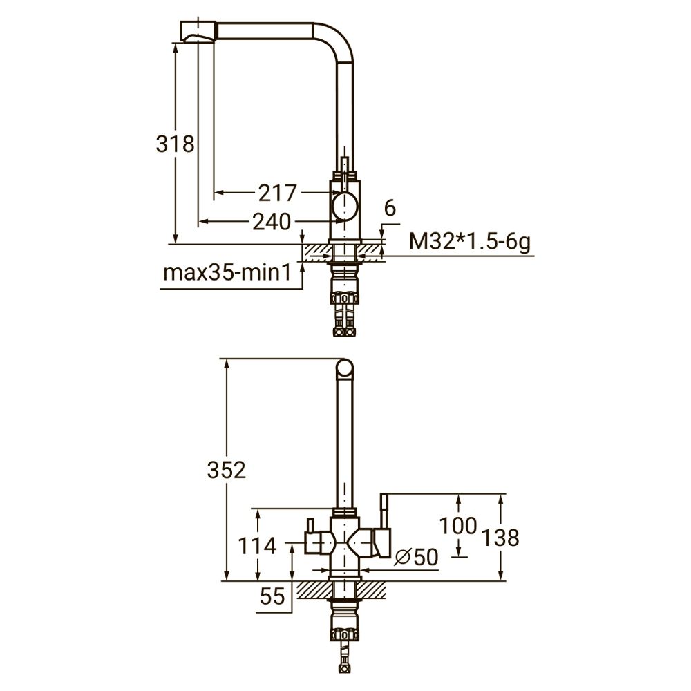 Змішувач KT Ø35 для кухні гусак з виходом для питної води на гайці SS AQUATICA KT-4B770P (9722121)