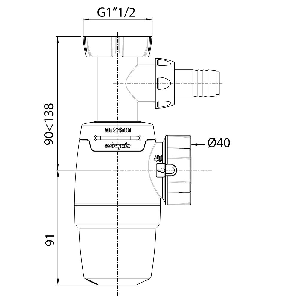 Сифон для кухонної мийки Neo Air 1½"×Ø40мм з підведенням WIRQUIN (9542321)