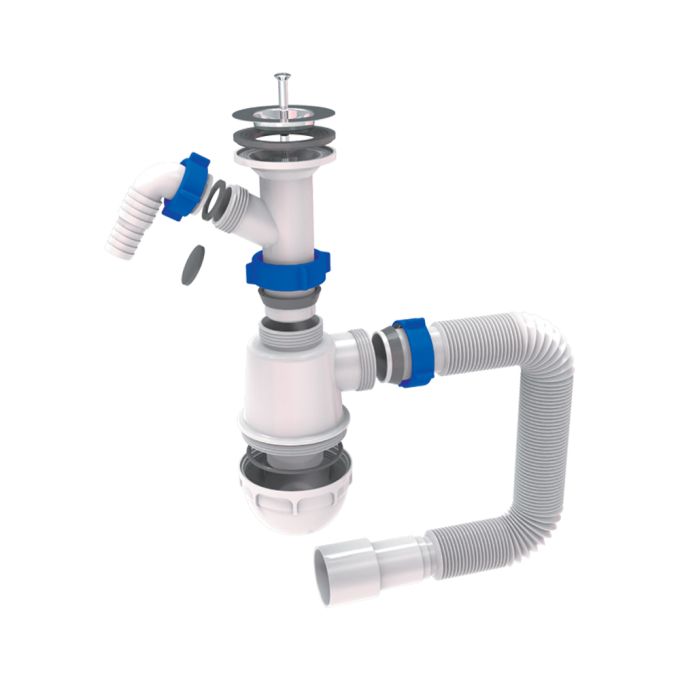 Сифон для кухонної мийки з нержавіючим випуском 1½" виводом під пральну машину та гнучким відводом Ø