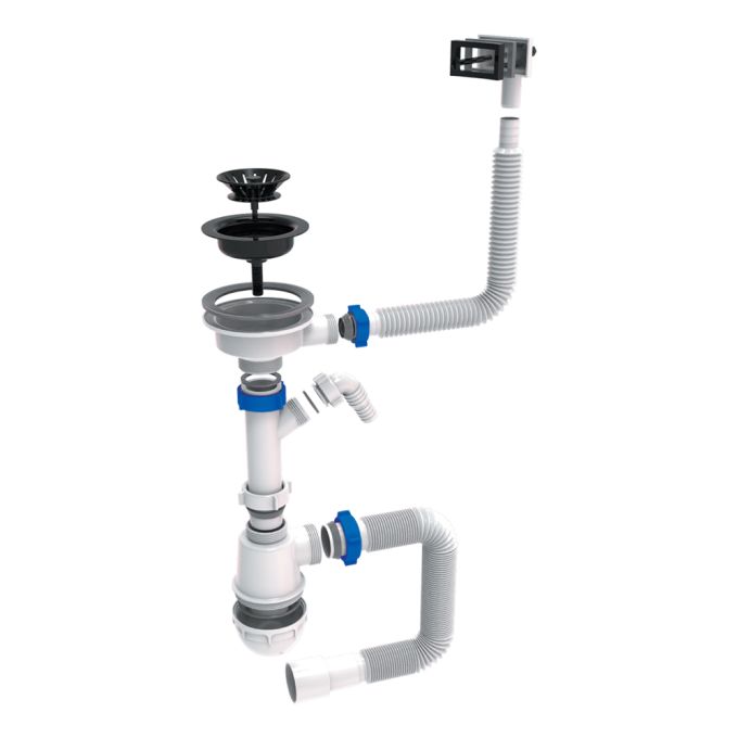 Сифон для кухонної мийки з пластиковим випуском 3½" підведенням під пральну машину круглим переливом і гнучким відведенням D40/50мм (чорний) Tau