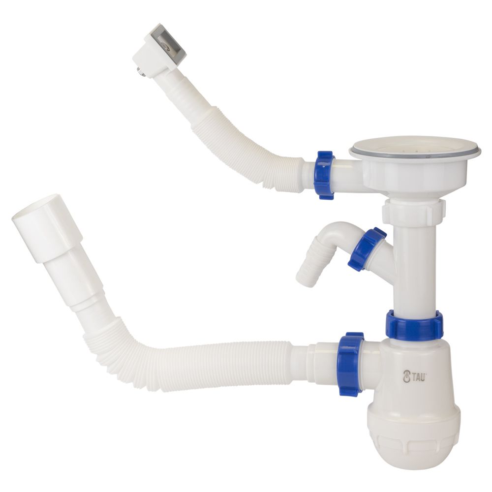 Сифон для кухонної мийки з пластиковим випуском 3½" підведенням під пральну машину квадратним переливом і гнучким відведенням Ø40/50мм (чорний) Tau