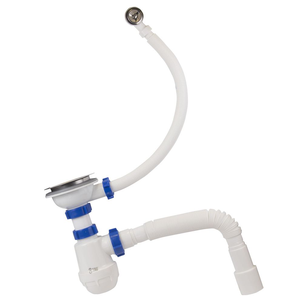 Сифон для кухонної мийки з нержавіючим випуском 3½" круглим переливом і гнучким відведенням Ø40/50мм