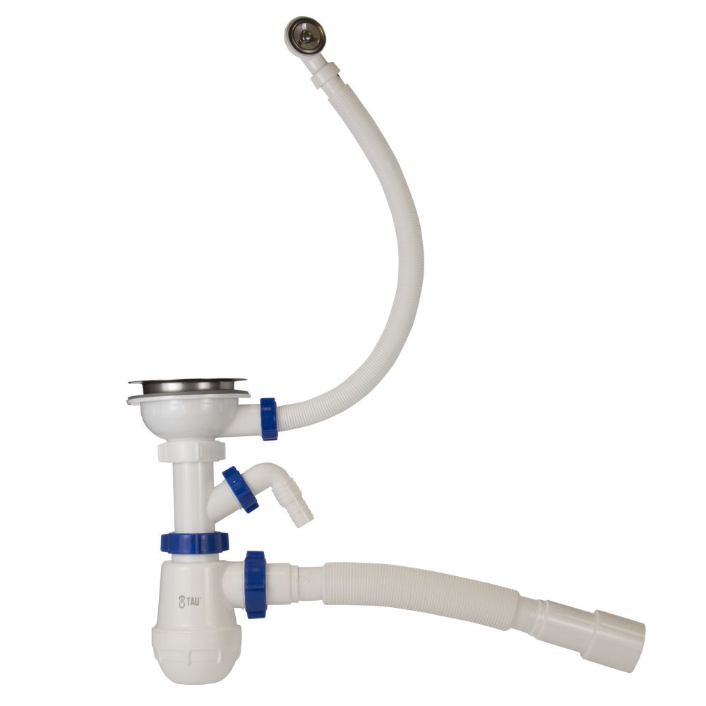Сифон для кухонної мийки з нержавіючим випуском 3½" виводом під пральну машину, круглим переливом і