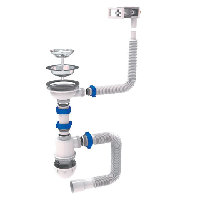 Сифон для кухонної мийки з нержавіючим випуском 3½" квадратним переливом і гнучким відведенням Ø40/5