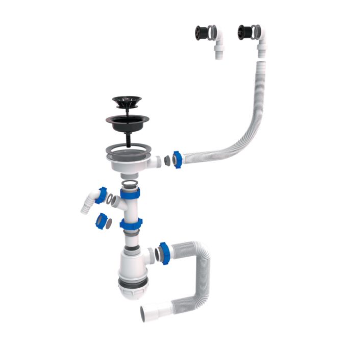 Сифон для кухонної мийки з пластиковим випуском 3½" підведенням під пральну машину круглим переливом і гнучким відведенням Ø40/50мм (білий) Tau