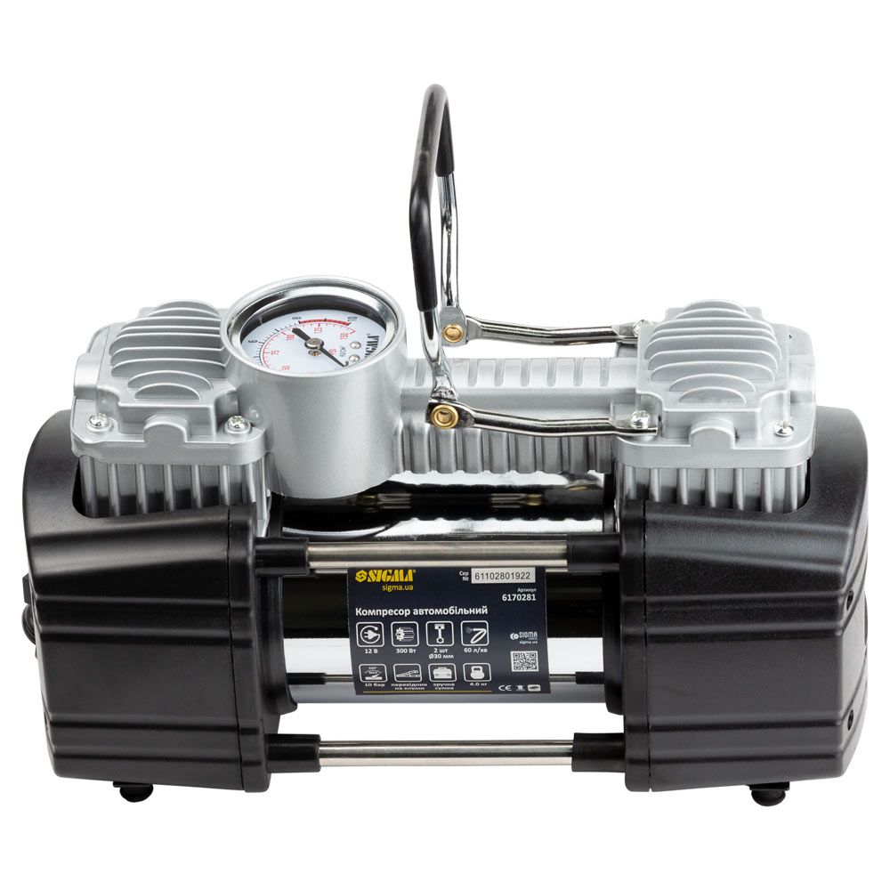 Компрессор автомобильный 12В 300Вт 25А 60л/мин 10бар сумка переходник на клеммы SIGMA (6170281)