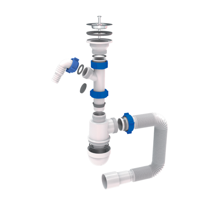 Сифон для раковини з випуском з нерж. сталі виведенням під пральну машину і гнучким відведенням 1½"×