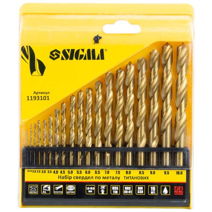 Набір свердел по металу HSS-TIN титанових 19 шт 1.0-10.0мм (пластиковий кейс) SIGMA (1193101)