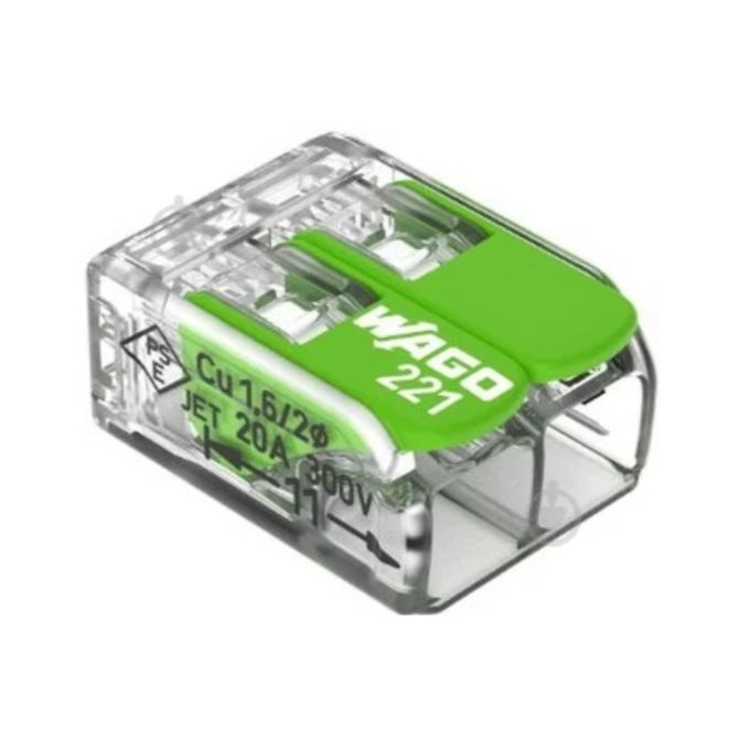 Клемний затискач 2 входи (0.2-4.0 мм.кв) 32А/450V CU, з важелем WAGO 221-422 Green Range