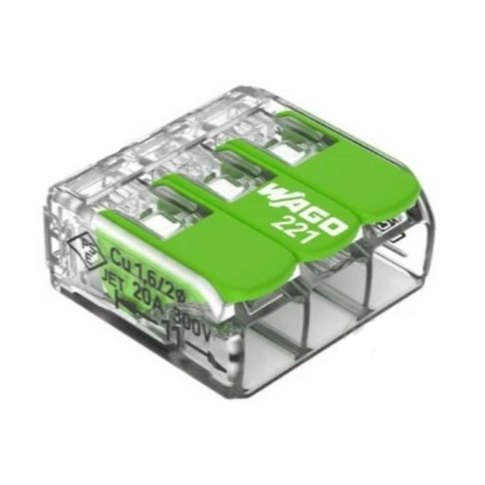 Клемний затискач 3 входи (0.2-4.0 мм.кв) 32А/450V CU, з важелем WAGO 221-423 Green Range