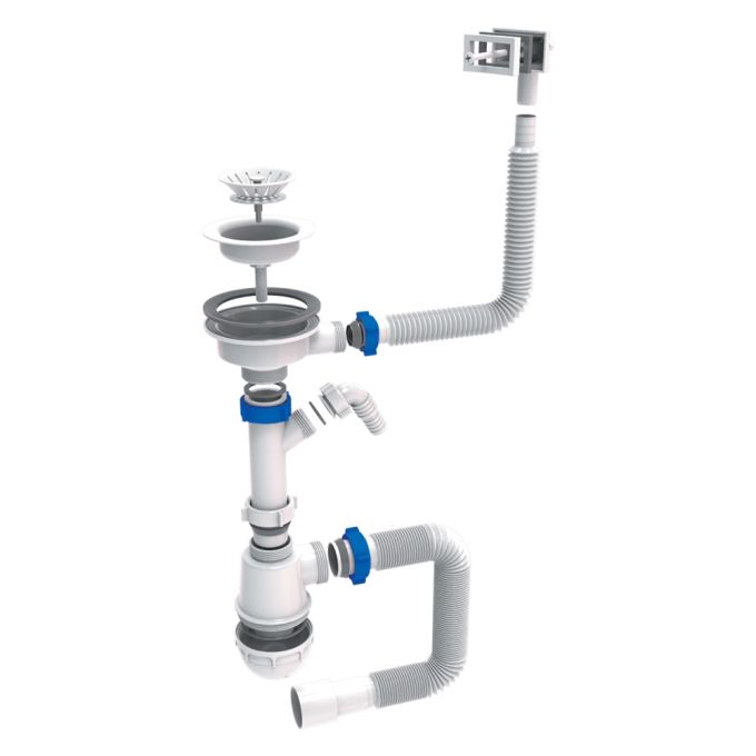 Сифон для кухонної мийки з пластиковим випуском 3½" підведенням під пральну машину квадратним переливом і гнучким відведенням Ø40/50мм (білий) Tau