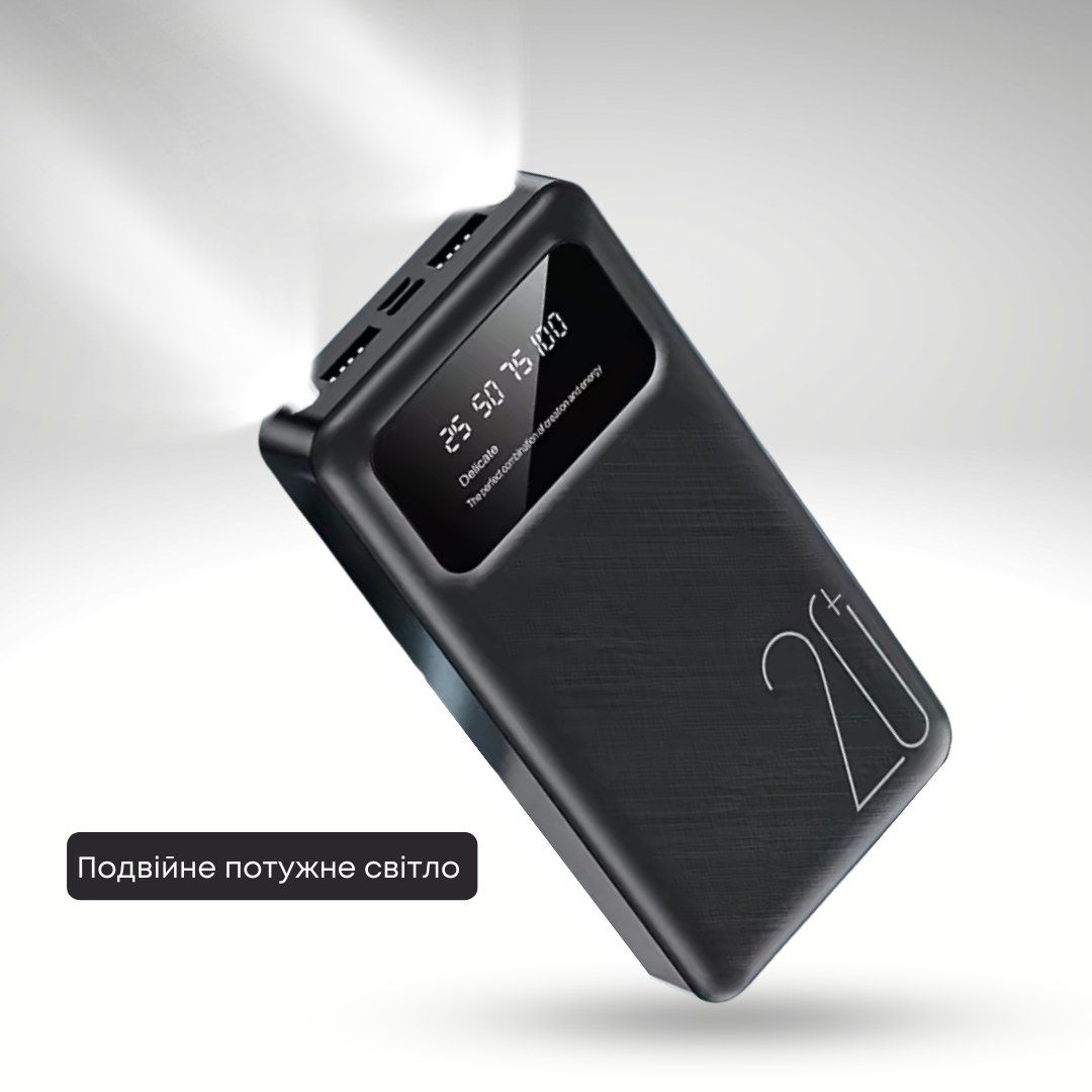 Power Bank 20000mAh, підтримка інтерфейсів Micro/Type-C,подвійний вхід та вихід із цифровим дисплеєм