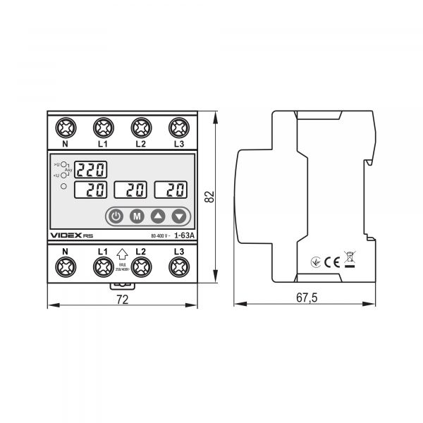 Трифазне реле контролю напруги та струму VIDEX RESIST 145-300В 1-63А