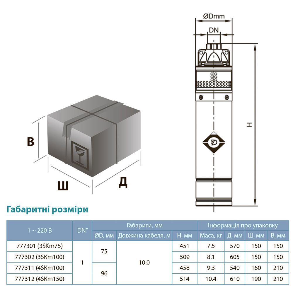 Насос вихровий свердловинний 0.55кВт H 36(21)м Q 40(20)л/хв Ø75мм AQUATICA (DONGYIN) 3SKm75 (777301)