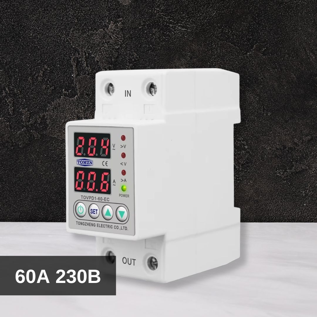 Реле контролю напруги та струму 60А 230В на DIN-рейку з регулюванням та дисплеєм VA-Protector