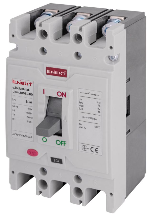 Силовий автоматичний вимикач e.industrial.ukm.100SL.80, 3р, 80А