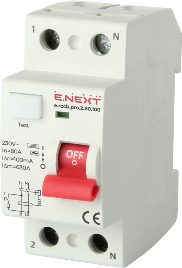 Выключатель дифференциального тока e.rccb.pro.2.80.100, 2р, 80А, 100мА