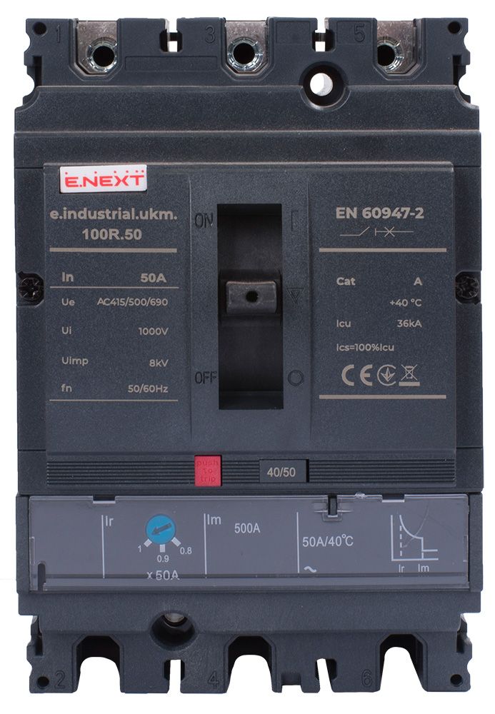 Силовий автоматичний вимикач e.industrial.ukm.100R.50 з регулюванням, 3р, 50А