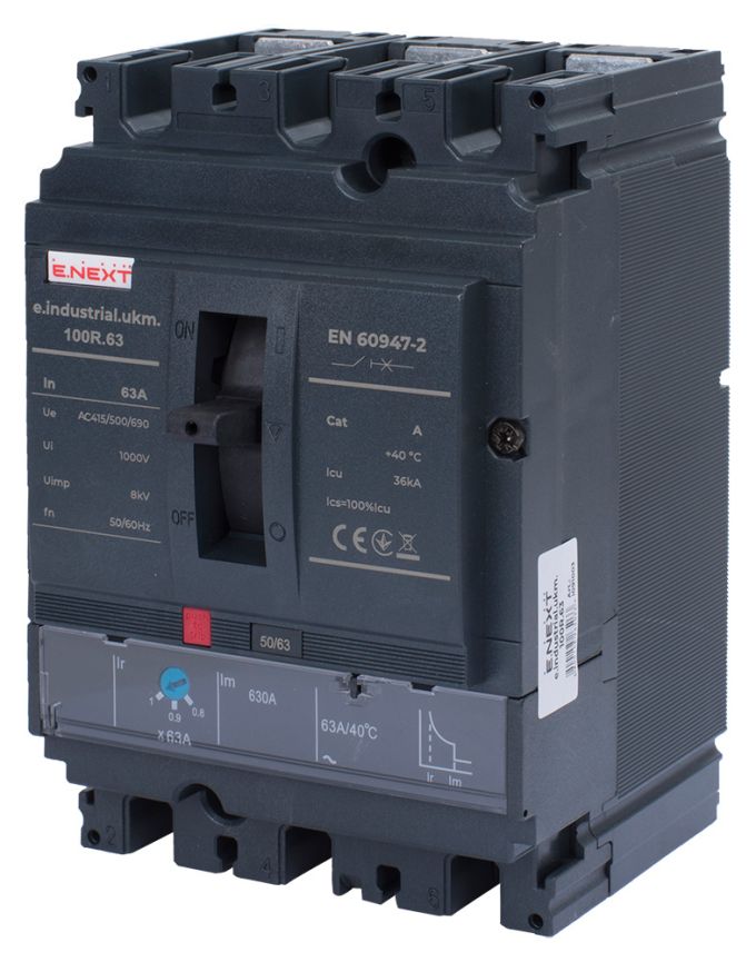 Силовий автоматичний вимикач e.industrial.ukm.100R.63 з регулюванням, 3р, 63А