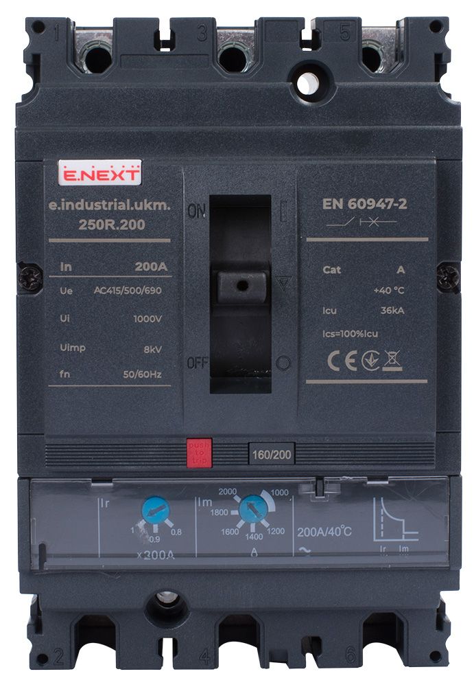 Силовой автоматический выключатель e.industrial.ukm.250R.200 с регулировкой, 3р, 200А