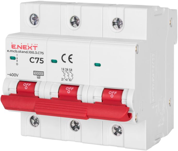 Модульний автоматичний вимикач e.mcb.stand.100.3.C75, 3р, 75А, C, 10кА