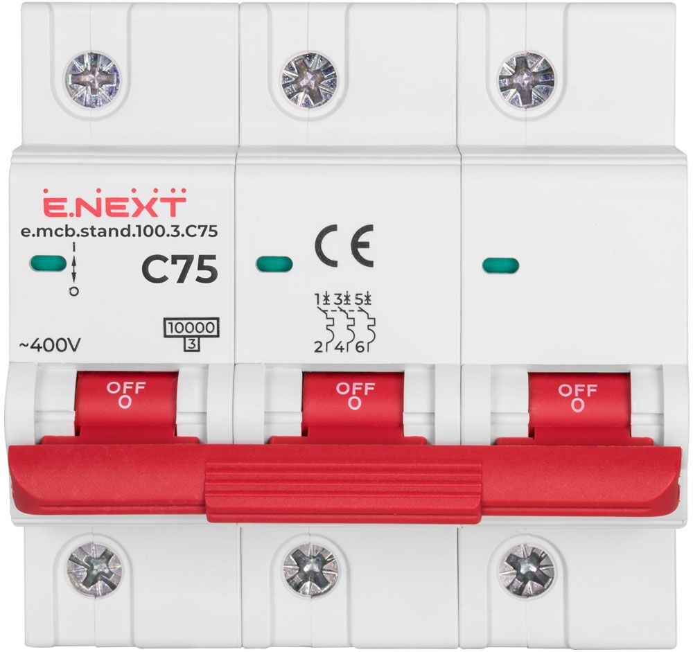 Модульний автоматичний вимикач e.mcb.stand.100.3.C75, 3р, 75А, C, 10кА
