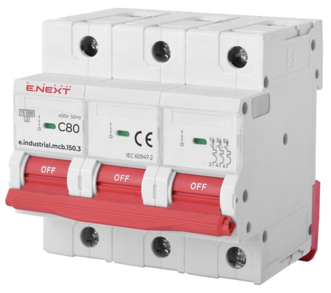 Модульний автоматичний вимикач e.industrial.mcb.150.3.C80, 3р, 80А, C, 15кА